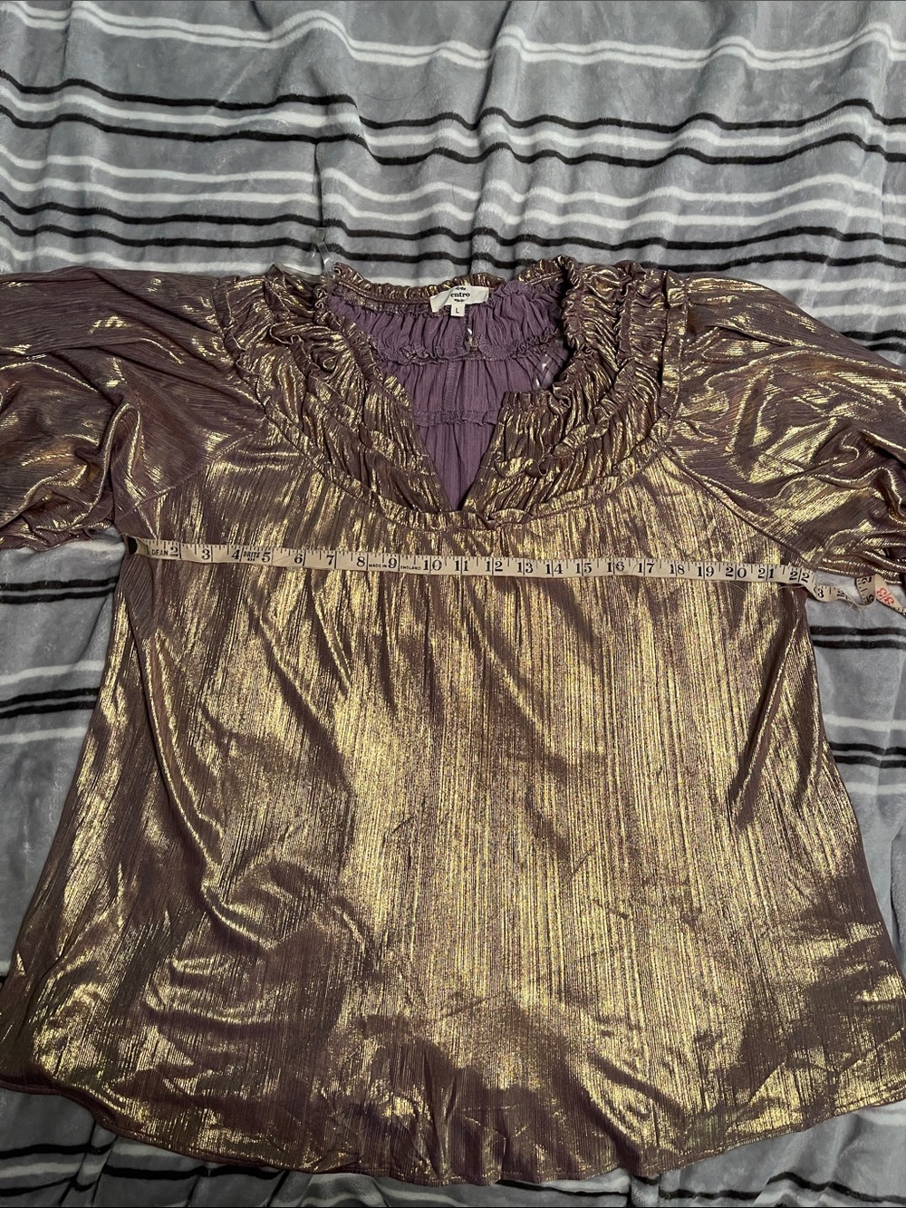entro Metallic Gold-Accented Purple Ruffled V-Neck Blouse